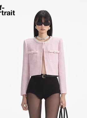 self-portrait 2025早春粉红色小香风仿珍珠设计粗花呢外套开衫