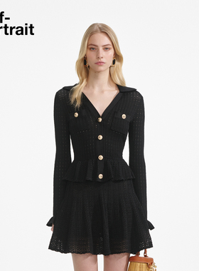 self-portrait 2025早秋新款经典黑气质通勤V领镂空针织连衣裙