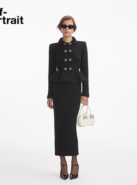 self-portrait 秋冬新款经典黑通勤气质假两件针织连衣裙