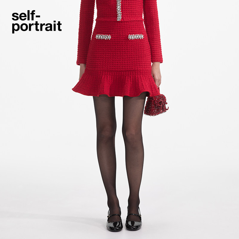 self-portrait 2025早春正红色钻饰针织包臀鱼尾半身短裙,女装/女士精品,半身裙,淘宝优惠券,粉丝福利购,淘宝优惠卷
