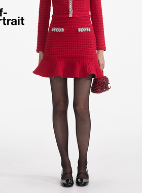 self-portrait 2025早春正红色钻饰针织包臀鱼尾半身短裙