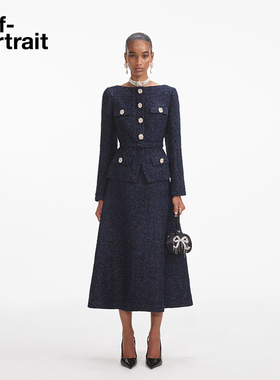 self-portrait 2025早春藏蓝色气质粗花呢收腰假两件连衣裙
