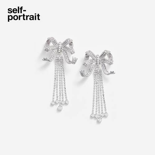 [礼物]self-portrait 银色钻饰蝴蝶结流苏耳环
