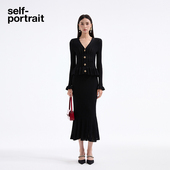 早秋经典 self portrait 黑V领气质镂空针织连衣裙中长裙