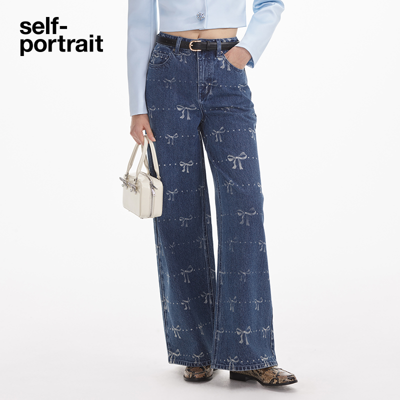 self-portrait印花牛仔阔腿裤