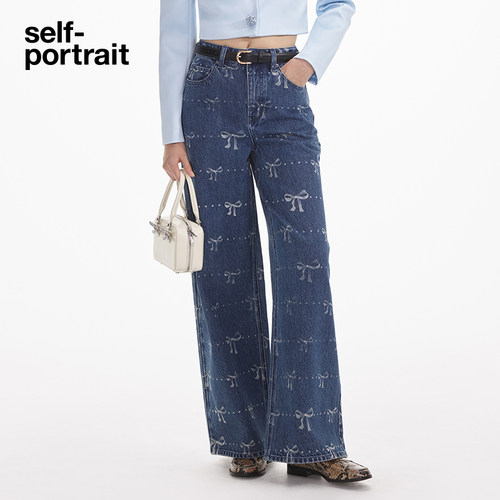 self-portrait印花牛仔阔腿裤