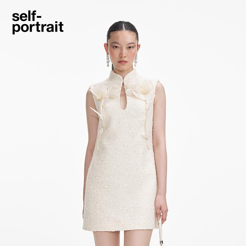[新年胶囊]self-portrait 2025早春象牙白新中式粗花呢连衣裙