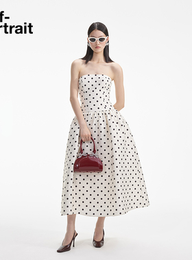 self-portrait 早秋白点阵圆点复古波点抹胸礼服连衣裙