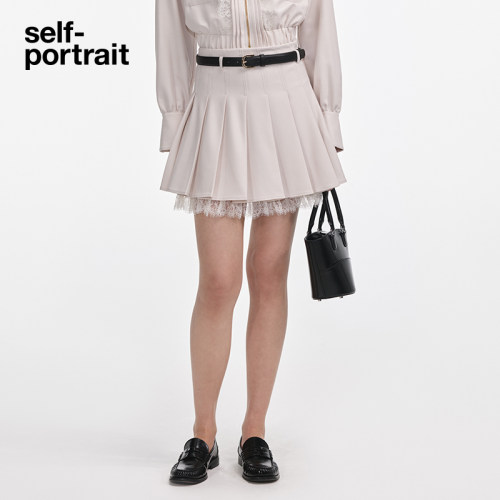 self-portrait蕾丝拼接百褶裙