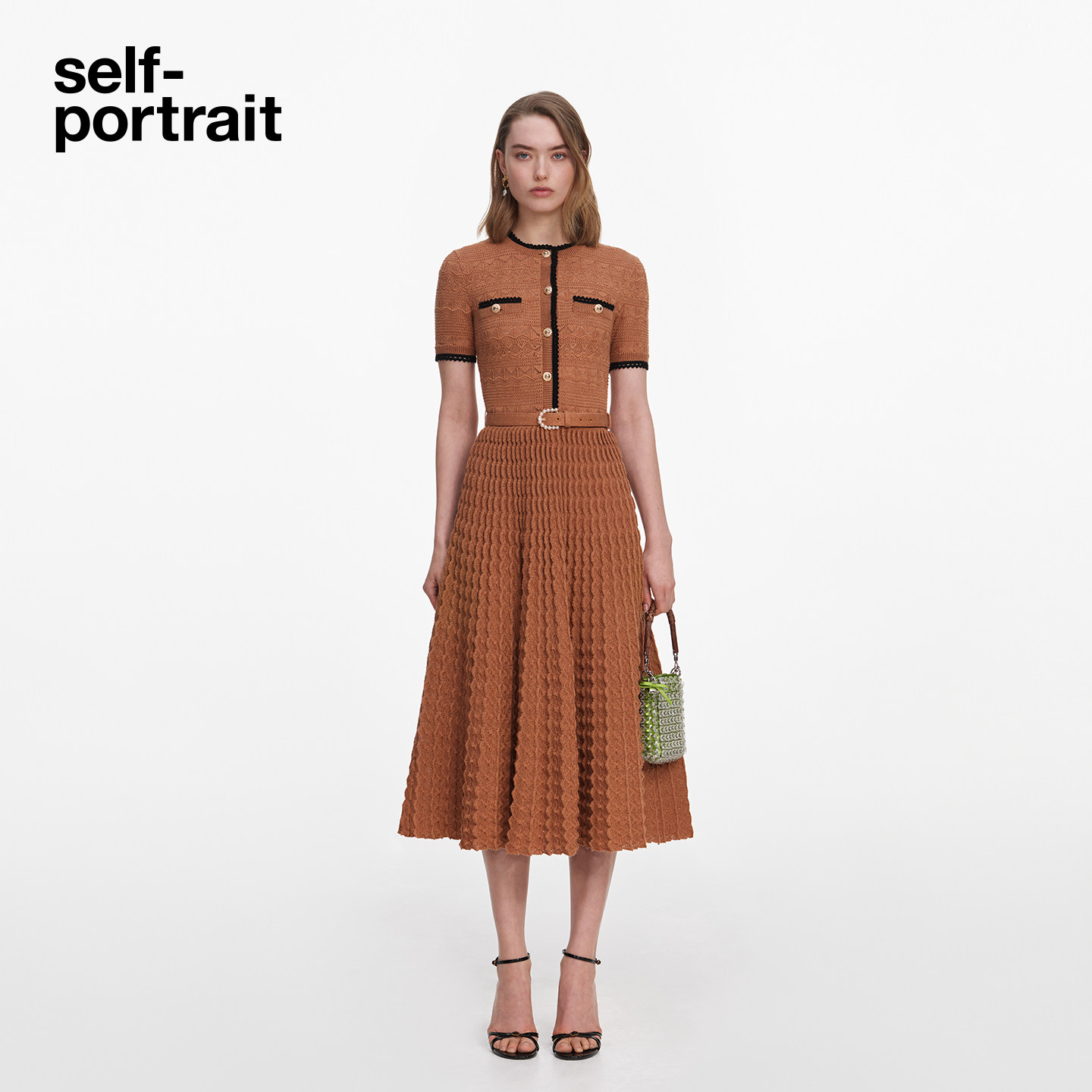 self-portrait 2026早秋新款卡其色撞色饰边短袖针织连衣裙中长裙
