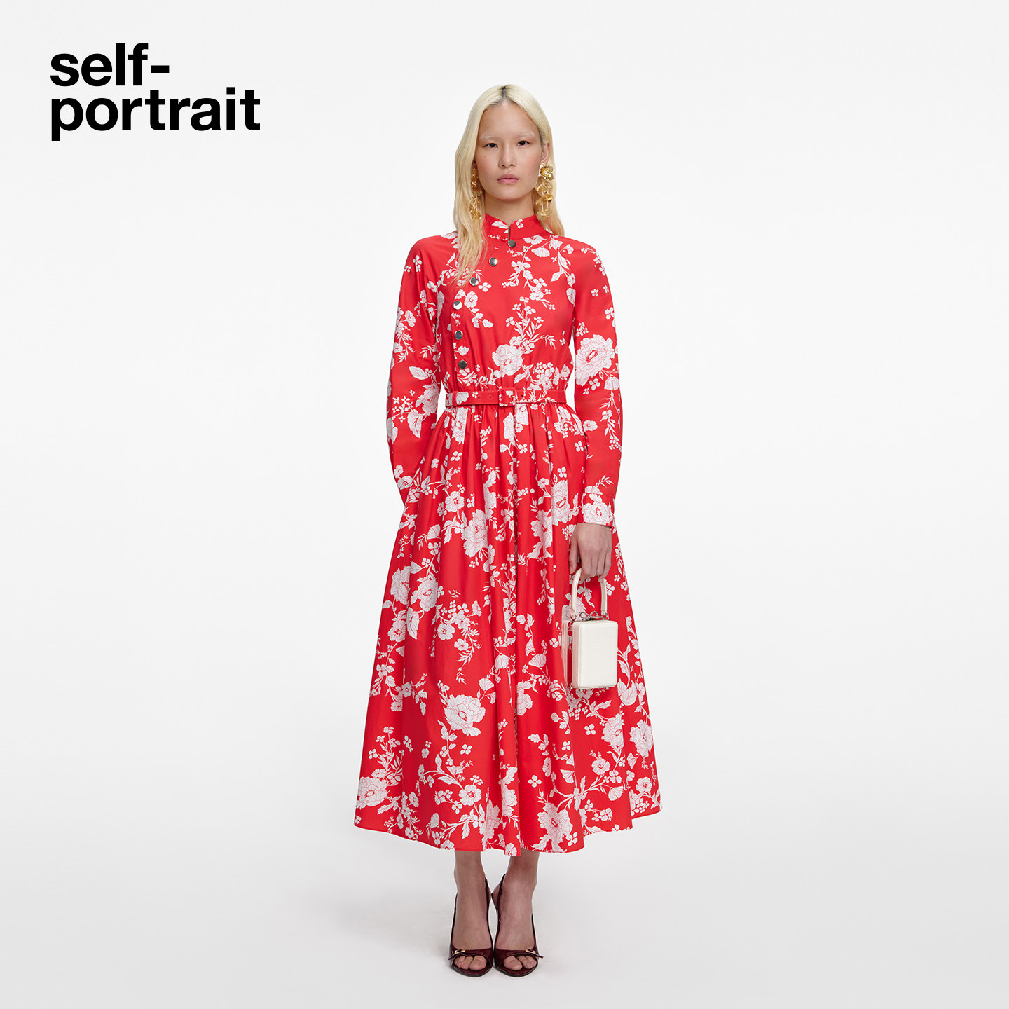 self-portrait 2026早春新款红粉花卉印花棉质新中式连衣裙中长裙,女装/女士精品,连衣裙,淘宝优惠券,粉丝福利购,淘宝优惠卷