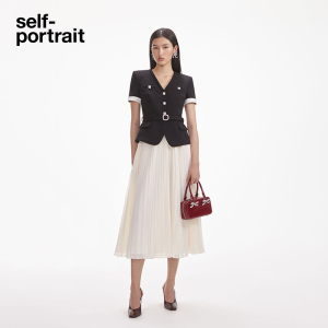self-portrait 秋冬黑撞白V领气质假两件连衣裙中长裙