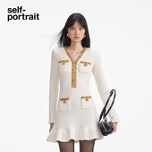 self portrait 2025早春象牙白金色串珠饰边针织连衣裙
