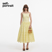 2025早秋新款 self portrait 奶油黄波嬉风镂空刺绣度假吊带连衣裙