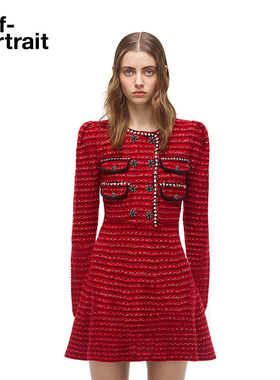 [新年开运红]self-portrait 秋冬红色双排扣小香A字针织连衣裙