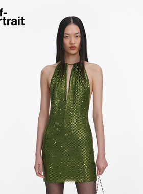 self-portrait 2026春夏新款墨绿色挂脖修身型烫钻礼服连衣裙