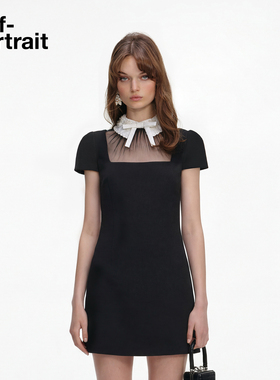 self-portrait 2026早春新款经典黑撞色翻领蝴蝶结连衣裙短裙