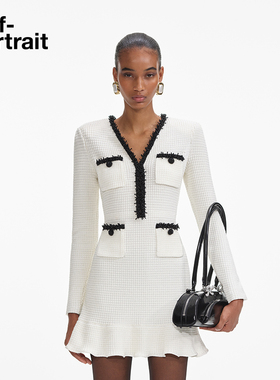 self-portrait 2025早春白撞黑小香风V领针织连衣裙短裙