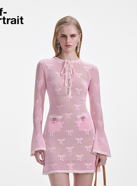 self-portrait 2025春夏粉红色钩针蝴蝶结长袖针织连衣裙