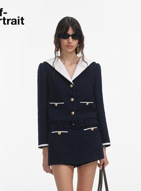 [春夏同款]self-portrait 2025早秋新款藏蓝色海军领粗花呢外套