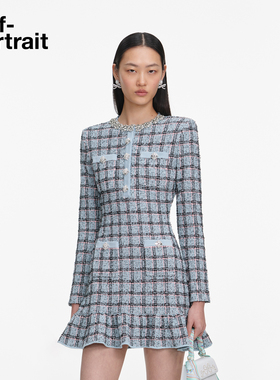 self-portrait 2026春夏新款蓝格子千金风钻饰格纹针织连衣裙