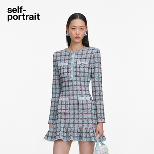self-portrait 2026春夏新款蓝格子千金风钻饰格纹针织连衣裙