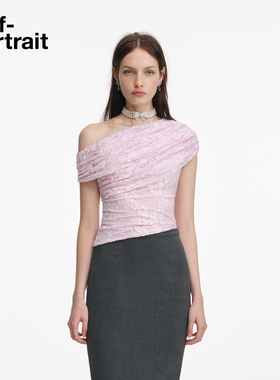 self-portrait 2026早春新款粉红色满钻蕾丝褶皱设计感斜肩上衣