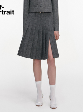 self-portrait 2026早春新款灰混色人字纹可调节开衩百褶裙半身裙