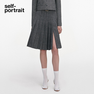 灰混色人字纹可调节开衩百褶裙半身裙 2026早春新款 self portrait