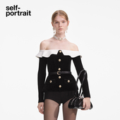 2025早春黑撞白气质荷叶边一字肩丝绒长袖 self portrait 上衣