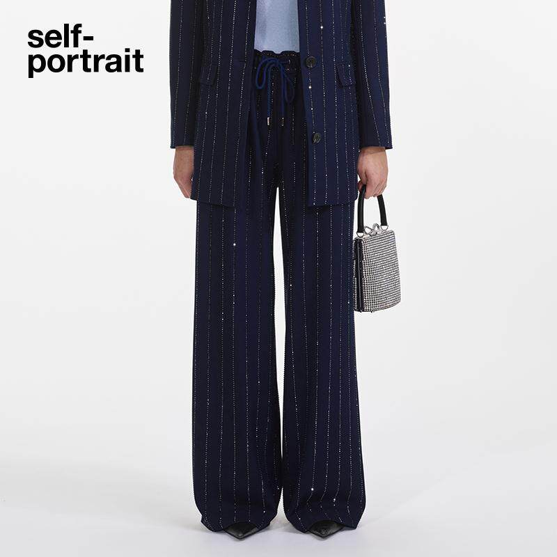 self-portrait 春夏藏蓝色烫钻条纹阔腿西装裤长裤