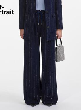 self-portrait 2025春夏藏蓝色烫钻条纹阔腿西装裤长裤
