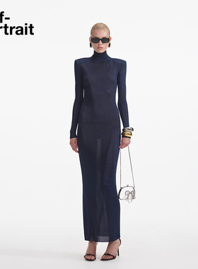 self-portrait 2025早春藏蓝色修身通勤高领针织打底连衣裙