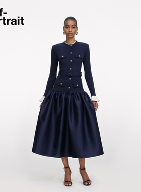 self-portrait 2025秋冬新款藏蓝色千金风针织塔夫绸连衣裙礼服