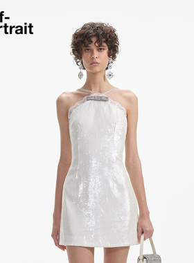 [Jisoo智秀同款]self-portrait 秋冬象牙白挂脖亮片连衣裙