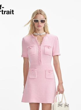 self-portrait 2025早春粉红色珠饰边小香风华夫格针织连衣裙