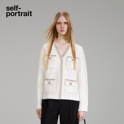 self-portrait秋冬纯白钻边外套