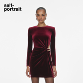 self 丝绒镂空礼服连衣裙 酒红色长袖 portrait 2025秋冬新款