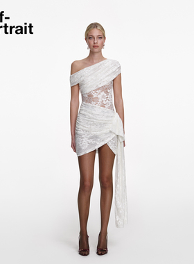 self-portrait 2026早春新款纯净白满钻蕾丝斜肩连衣裙礼服短裙