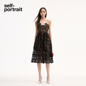 self 甜美连衣裙中长款 portrait 黑色杜鹃花吊带裙女夏季