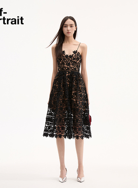 self-portrait 黑色杜鹃花吊带裙女夏季甜美连衣裙中长款