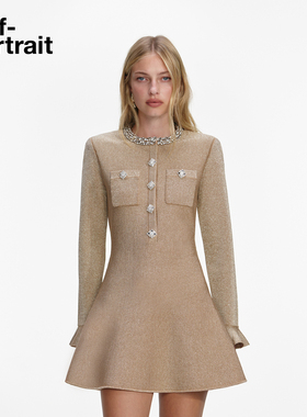 self-portrait 2026早春新款金色重要场合长袖钻饰针织连衣裙短裙