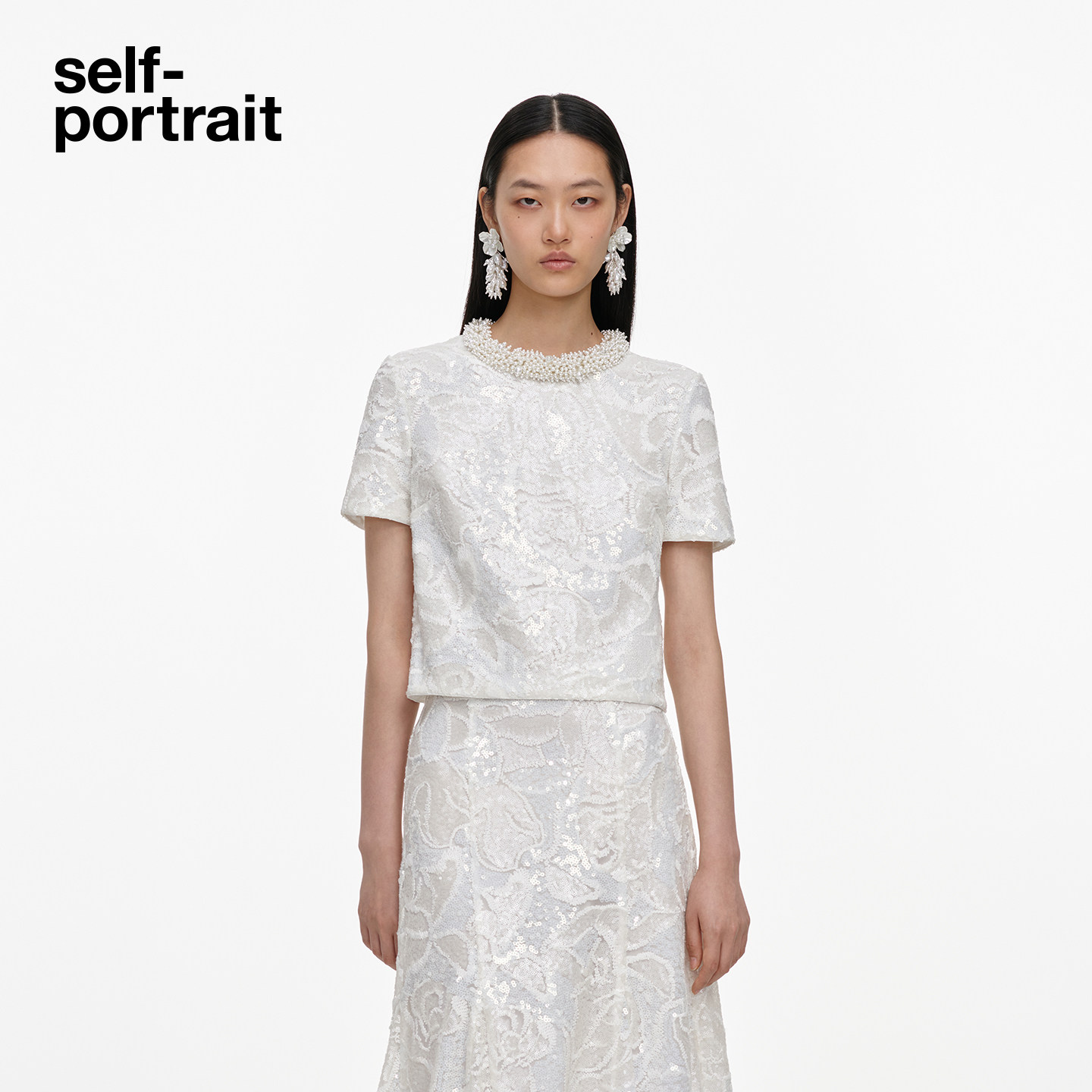 self-portrait亮片短袖衬衫