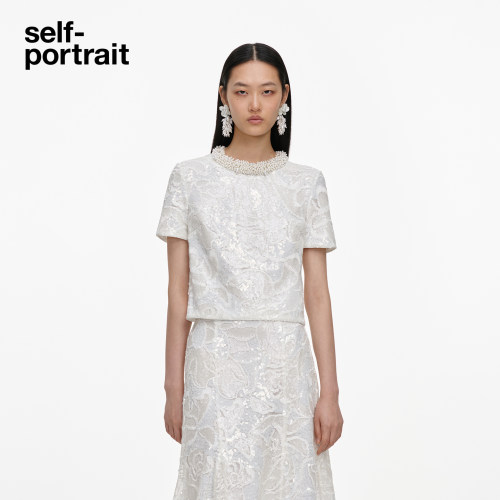 self-portrait亮片短袖衬衫
