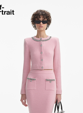 self-portrait 秋冬粉红色钻饰圆领千金风针织外套开衫
