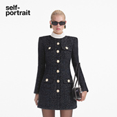 2025秋冬新款 self portrait 藏蓝色粗花呢千金风通勤气质连衣裙