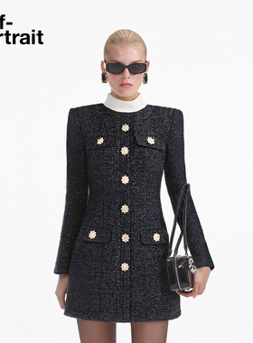 self-portrait 2025秋冬新款藏蓝色粗花呢千金风通勤气质连衣裙