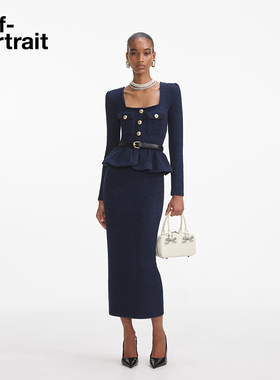 self-portrait 2025早春藏蓝色方领气质修身重要场合针织连衣裙