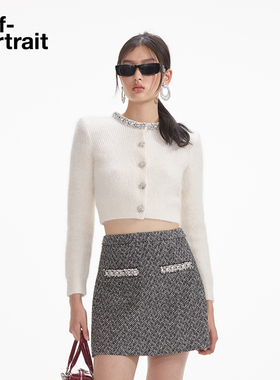 self-portrait 秋冬象牙白钻饰千金风甜美短款针织开衫上衣