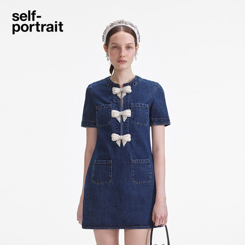 self-portrait 春夏牛仔蓝蝴蝶结短袖A字连衣裙